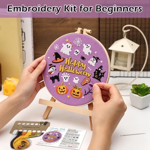 Image of Louise Maelys Halloween Pumpkin Embroidery Kit for Beginners DIY Craft | Cross Stitch Kits for Halloween Crafts, DIY Needlepoint Kit Includes Pre-Printed Fabric, Hoop, Threads, Needles and Guide