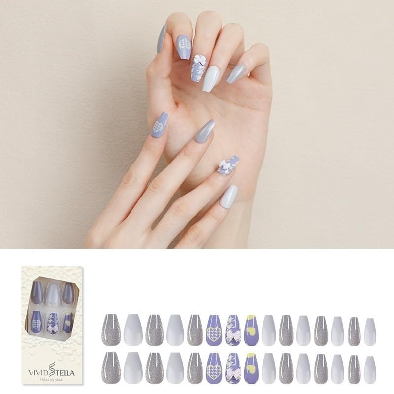 presionado sobre los clavos, Uñas postizas almendra mediana multicolor, paquete de 30, con pegamento y lima(VS11-49019)