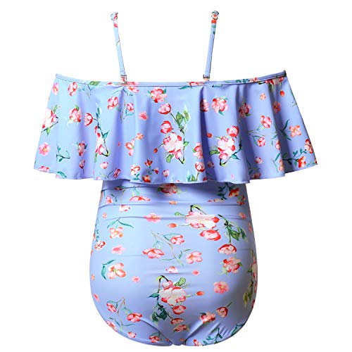 Maternity Bikinis Tankini Floral Flouncing Swimsuit One Piece Beachwear Blue With Pink Flower L #TOP1