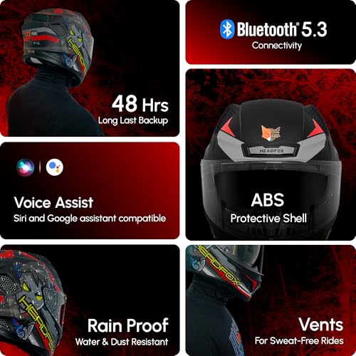 Image of HEADFOX N2F Shady Full Face Bluetooth Helmet for Bike | Waterproof Smart Helmet for Men & Women | ISI Certified | Built-in Bluetooth & LED Lights | Matte & Gloss Finish