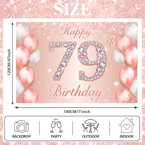 Image of Happy 79th Birthday Rose Gold Banner Cheers to 79 Years Old Backdrop Confetti Balloons Theme Decor for Women 79 Years Old Pink Birthday Party Decorations Bday Supplies Background Favors Gift Glitter