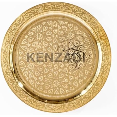 KENZADI Moroccan Gold Brass Tray HandMade Plate In the city Fes Morocco (12 In) Cover