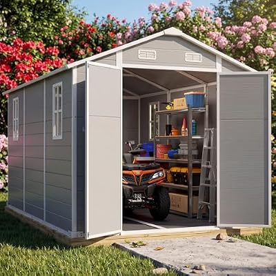 Quictent 8x10 FT Outdoor Resin Storage Shed with Floor, Plastic Storage Shed with Window & Vent, Lockable Door, Heavy Duty Tool Shed for Patio Bike Lawn Mower Pool Supplies.(7.2X9.4FT Base)