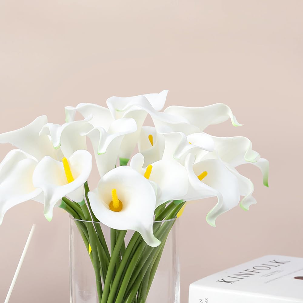 Künstliche Calla-Lilien in Vase mit künstlichem Wasser, künstliche Blumenarrangements in Vase für Heimdekoration, Hochzeitstisch, Weiß, 20 Stück