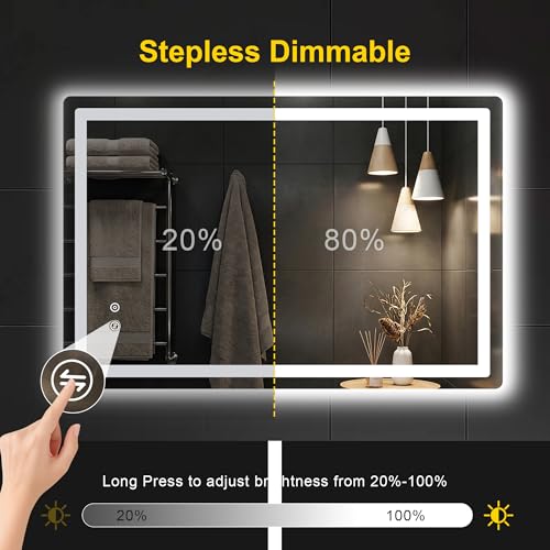 Image of LED Bathroom Mirror with Lights, 30 inchx45 inch Lighted Vanity Mirror for Wall | Anti-Fog, Dimmable 3 Color Light, Backlit+Frontlit, Shatterproof Tempered Glass, Memory Function