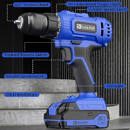 image for FADAKWALT 20V Cordless Drill/Driver Set,Electric Power Drill Kit with 