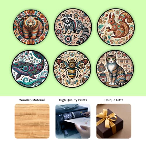 Image of Zesta Coasters for Cups Set of 6 / Wooden Coasters for Bar Accessories for Home /Tea Coaster Set of 6 / Waterproof Dining Table Decor Glass Cover (Mandala Animal, Circle)