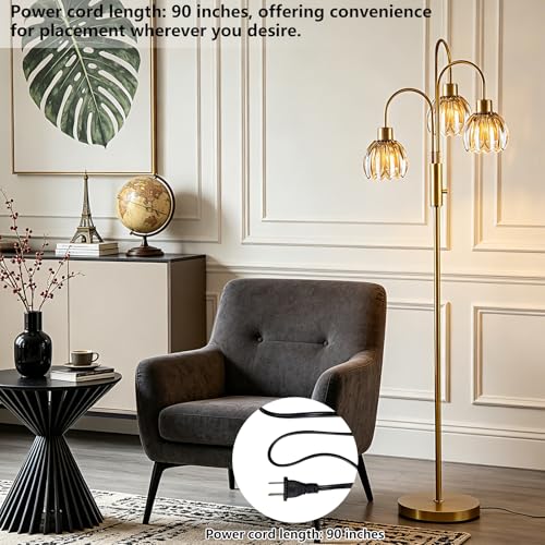Image of 3-Light Glass Floor Lamp, 70 inch Gold Dimmable Standing Tall Lamp with Amber Glass Shades &3PCS 3000K Warm White Bulbs for Wedding /Party, Modern Tree Pole Lamp for Living Room Bedroom Home Decor