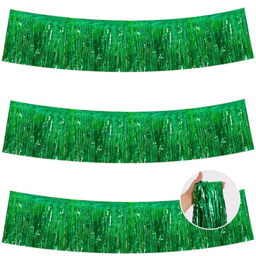 Image of BEISHIDA 3 Packs Metallic Foil Fringe Garland Laser Green Wall Hanging Tinsel Fringe Banners for Car Floats Bridal Shower Wedding Birthday Easter Graduation Holiday Party Decoration(30 Feet)