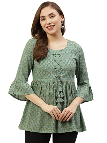 Image of Hisham Women's Stylish Rayon Printed Flared Top for Women | Trendy and Comfortable Green