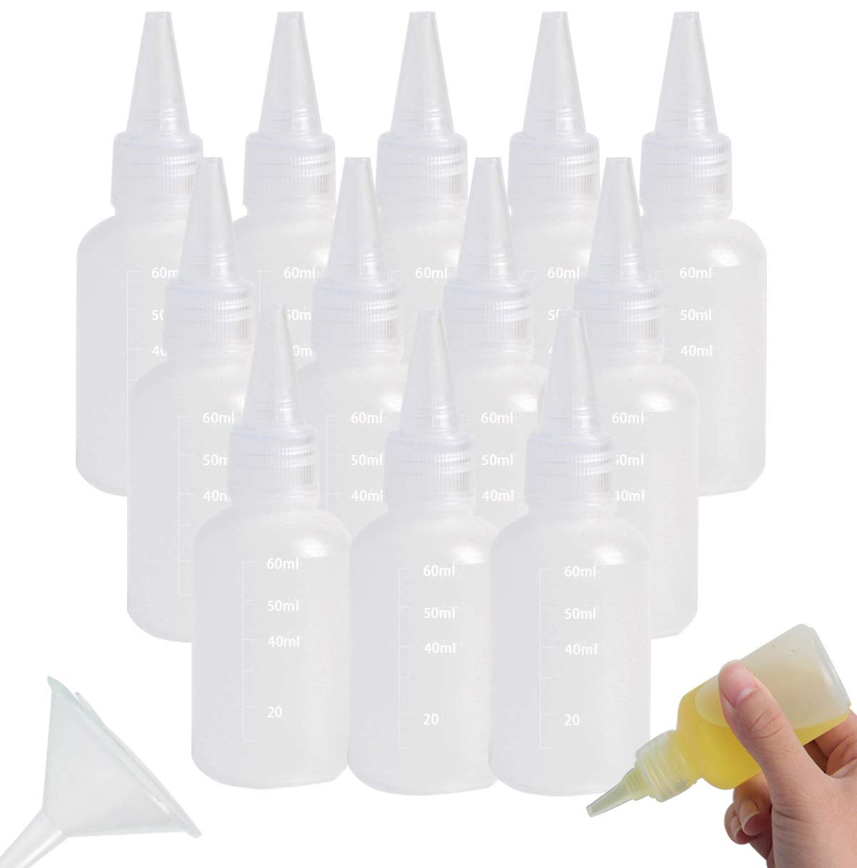 Ira Pollitt 12 Pack 2-Ounce Plastic Small Squeeze Bottles with Caps and Measurement and 1 Little Funnel, Good for Crafts, Art, Glue, Liquids, Lotion,Multi Purpose