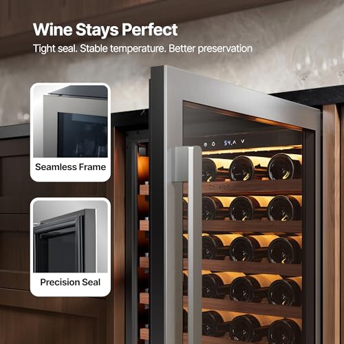 Image of Ca'Lefort 24 Inch Wine Fridge, 61 Bottle Under Counter Wine Cooler | 40-65F Touch Control, Dual-Pane Glass Door, Adjustable Shelves, 3 Color LED, Built-In or Under Counter for Home Bar Kitchen