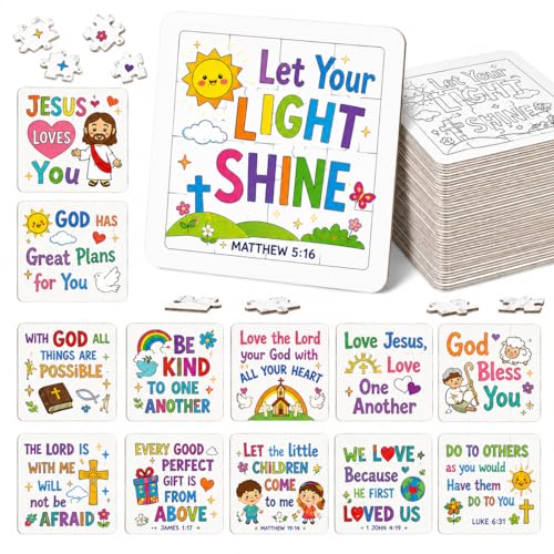 Cinrobiye 24 Pcs Christian Coloring Jigsaw Puzzle Crafts Bulk DIY Religious Inspirational Bible Activities Jesus Loves You Faith Art Projects for VBS Sunday School Church Party Favors