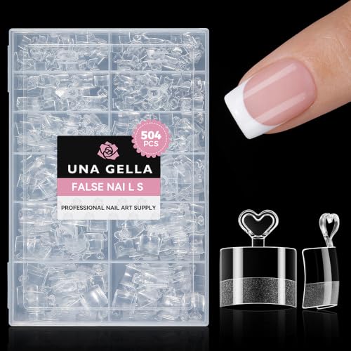 Image of UNA GELLA Short Square Gel Nail Tips Half Cover 504PCS Pre-buff Acrylic Nail Tips Square Clear False Fake Nails No C Curve DIY French Style Nail Extentions Art Salon 12 Sizes
