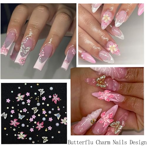 SEMATA Pink 3D Flower Nail Art Charms Mixed Size Nail Gems Diamond Flatback Nails Pearls Rhinestones Gold Silver Butterfly Nails Art Accessories Decoration Design for Women — view 2