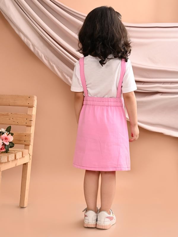 Image of superminis Girls Twill Denim Solid Color Dungree /Dress With Embroidered Pocket (1 Dress,1 Tee)