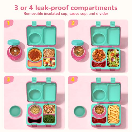 Image of Bento Box for Kids, Leakproof Kids Lunch Box with 8.5OZ Thermo Food Jar & Lunch Bag, 3-4 Compartments Toddler Insulated Lunch Box for Girls, BPA Free Lunch Containers for School Daycare