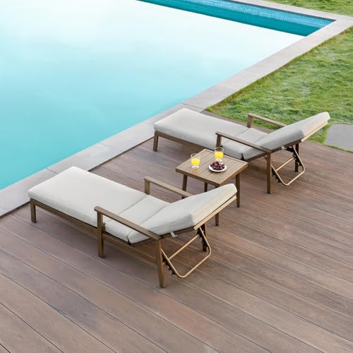 SEEHILL 3-Piece Teak Lounge Chair Set, Aluminum Pool Lounge Chairs with Square Side Table, Outdoor Chaise Lounge with Thick Cushions, Outdoor Lounge Furniture Set for Poolside, Beach, Yard, Patio