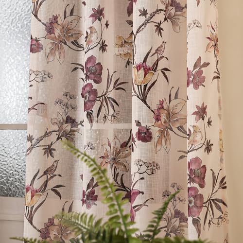 Image of Story@Home Door Curtains 7 Feet Long Set of 1 | Floral Printed | Semi Transparent Curtain | Net Curtains | Sheer Curtain for Living Room | (118 x 215 cm, Cream & Purple) | Perfect for Home Decor
