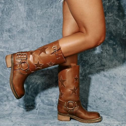 Image of Goolita Women's Buckle Biker Knee High Boots Square Toe Chunky Heel Star Moto Mid Calf Boots Slip On Motorcycle Riding Boot