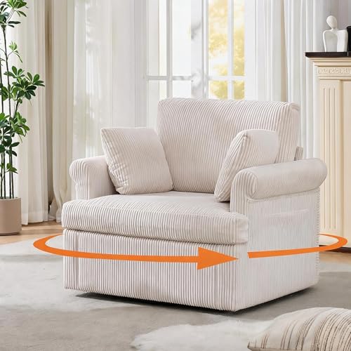 Garvee 39 Modern 360 Swivel Accent Chair Large Corduroy Accent Chairs with 2 Pillows Comfy Upholstered Round Armchair Single Sofa for Living Room Bedroom Office Reading Beige