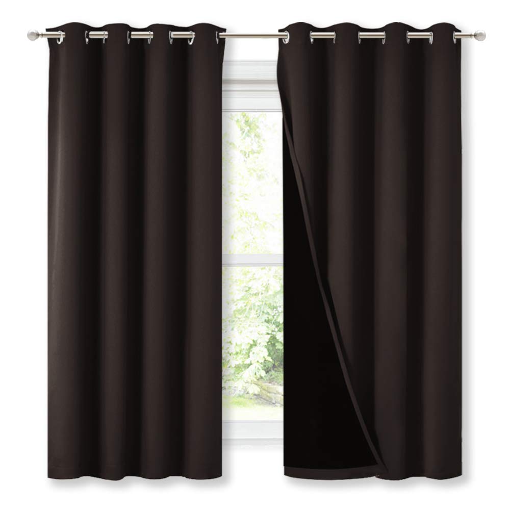 NICETOWN Complete 100% Blackout Curtains, Thermal Insulated &amp; Energy Efficiency Window Draperies with Black Liner, Noise Reducing Short Curtains for Kids Room (Brown, 52-inch W by 63-inch L, 2 Panels)