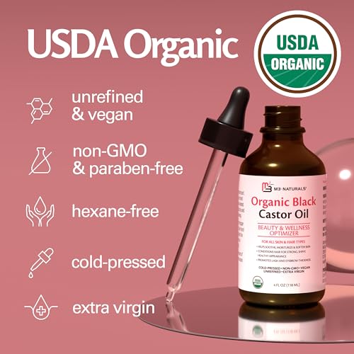 Image of 100% Organic Cold-Pressed Black Castor Oil for Hair Growth, Promotes Thicker Lashes and Eyebrows | Hexane-Free & Unrefined in a 4 fl oz Glass Bottle with Dropper | Eyebrow and Eyeliner Brush Included