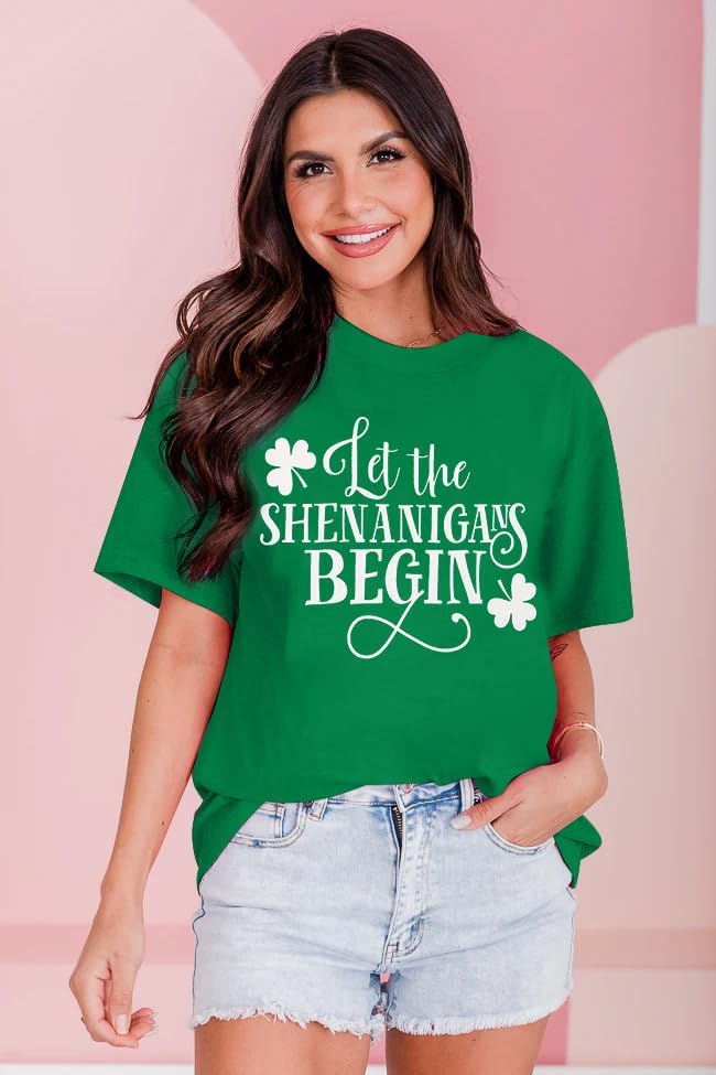 Womens St Patrick's Day Shirts Let The Shenanigans Begin Shirt Lucky T Shirt Shamrock Tee Funny Sayings Tops - Image 2