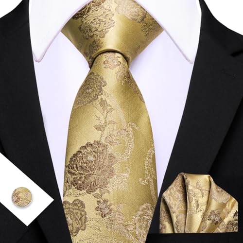 Image of Barry.Wang Flower Ties for Men Silk Woven Floral Tie Sets Necktie Handkerchief Cufflinks Wedding Party