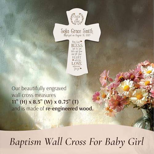 Image of LifeSong Milestones Personalized Ivory Baptism Cross for Girls - Wooden Wall Cross Decoration - Christening, Baby Dedication & First Communion Gifts Ivory 8.5x11
