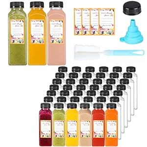 Juice Bottles, 45Pcs 12oz Plastic Juice Bottles with Caps Airtight Reusable Clear Empty Water Containers Includes Label Funnel Brush for Juicing Drinking Beverage Smoothies Fridge（12oz）