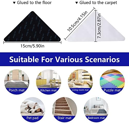 Olinner 10Pcs Rug Grippers Anti-Slip Rug Pads Gripper PU Triangle Carpet Gripper Reusable Anti Curling Carpet Stickers Washable Rug Tape for Wooden and Hard Floors, Black