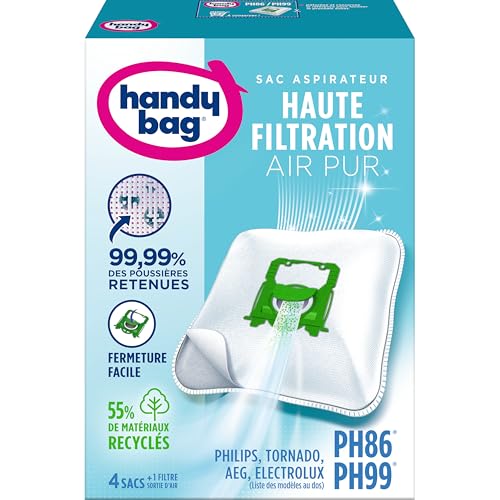 Handy Bag Sacs aspirateur PH86/PH99 x4sacs - Compatibles Philips, Electrolux, AEG, Tornado - 99,99% des poussières retenues - Fermeture facile - Filtre...