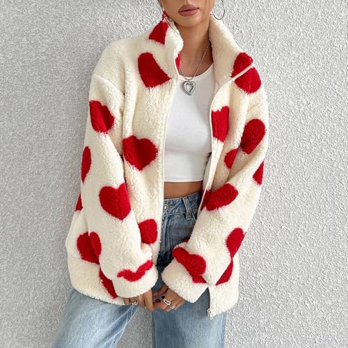 Valentinstag Damen Fleecejacke Fashion Herzen Drucken Plüschjacke Winter Langarm Reißverschluss Verdicken Bequem Oberbekleidung mit Taschen