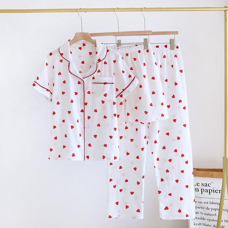 Image of codcm Womens 3pcs Cotton Pajamas Set Short Sleeve Sleepwear Fruit Print Cute Pj Set with Long Pants