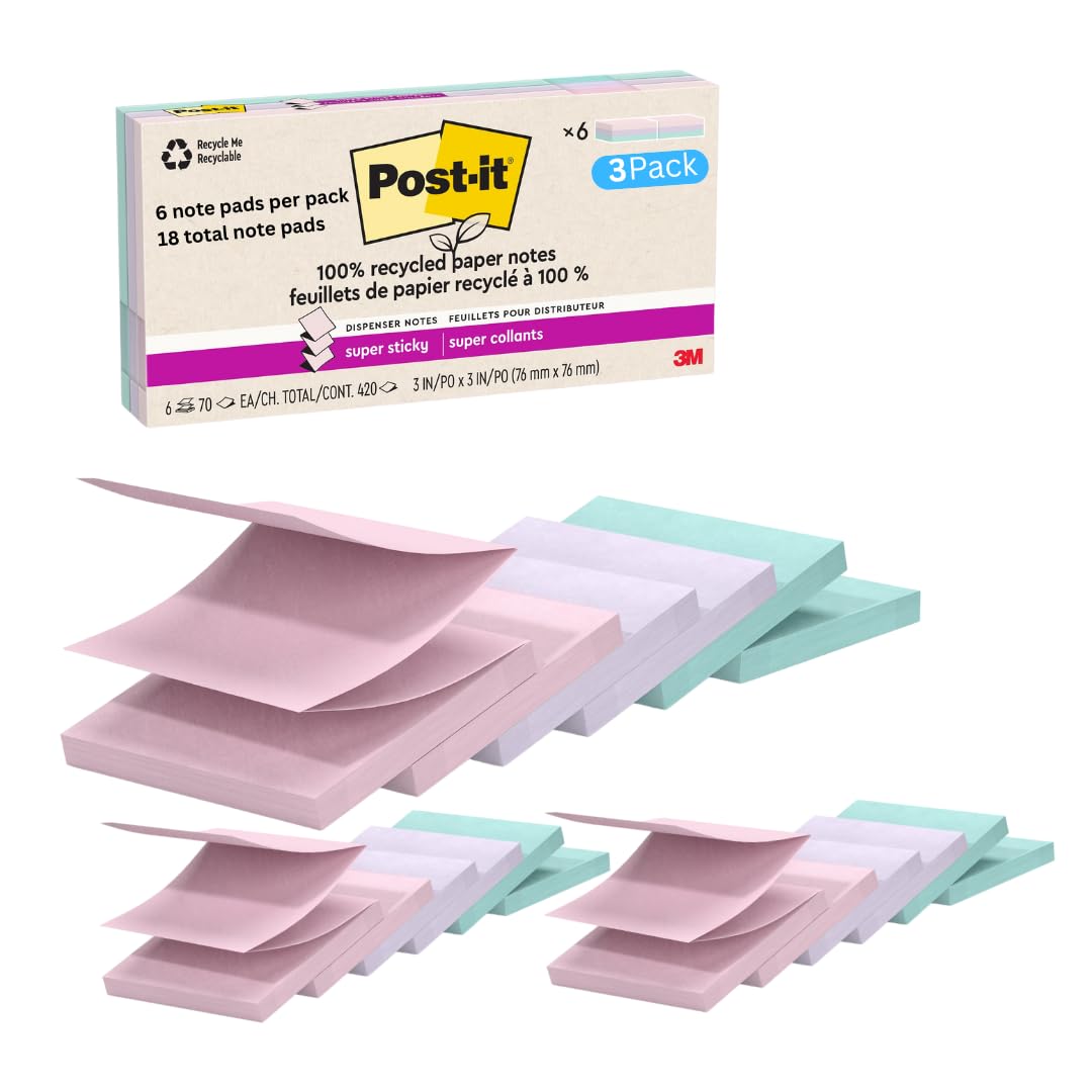Post-it Super Haftnotizen, 100 % recyceltes Papier, 7,6 cm x 7,6 cm, 70 Blatt pro Block, Wanderlust-Pastelle, Schulbedarf und Büroartikel (3 Stück)
