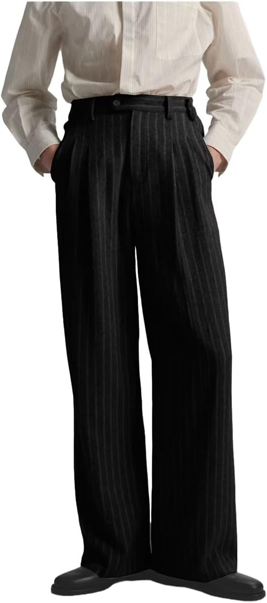 ONAXTDA Pleated Striped Dress Pants for Winter Spring Loose Fit Mens Business Casual Thick Long Trousers