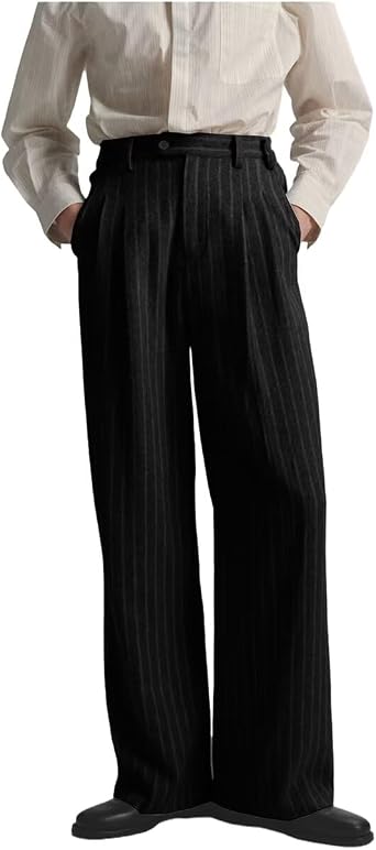ONAXTDA Pleated Striped Dress Pants for Winter Spring Loose Fit Mens Business Casual Thick Long Trousers