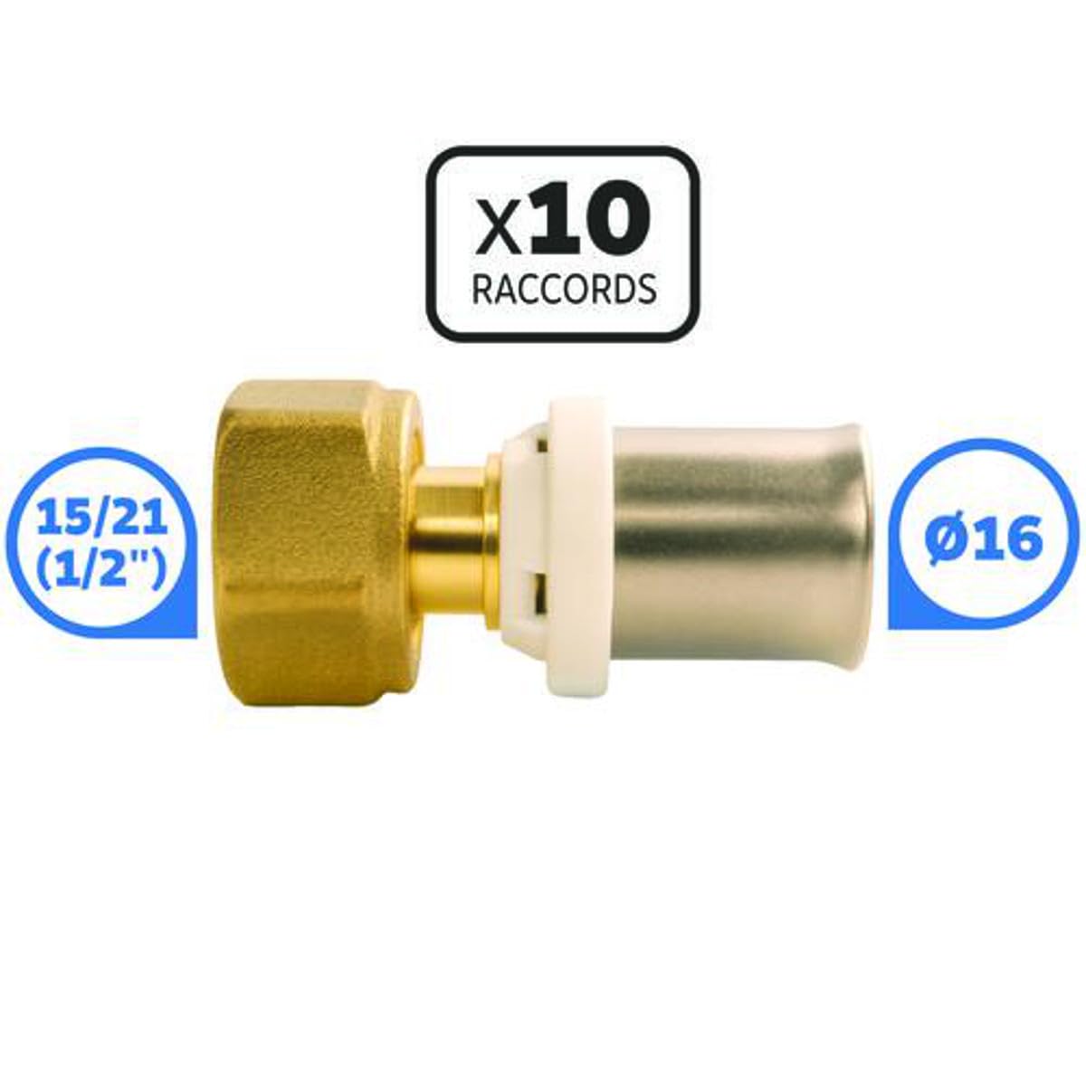 SOMATHERM FOR YOU - 302020201 - Lot de 10 Raccords Droit à Sertir pour Tube Multicouche Ø16 - Écrou Tournant Femelle 15/21 (1/2'') - Compatible Profil H, U, TH - Jaune
