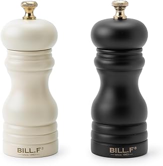 Bill.F Salt and Pepper Grinder Set, Wood Pepper Mill Set of 2 Manual Salt Pepper Shakers Grinder Refillable 5 Inch with Adjustable Ceramic Grinding Rotor（Set of 2 Black and Cream）