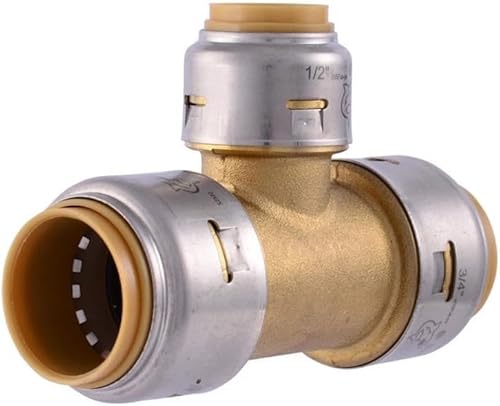 SharkBite Max 3/4 Inch x 3/4 Inch x 1/2 Inch Reducing Tee, Push To Connect Brass Plumbing Fitting, PEX Pipe, Copper, CPVC, PE-RT, HDPE, UR412A