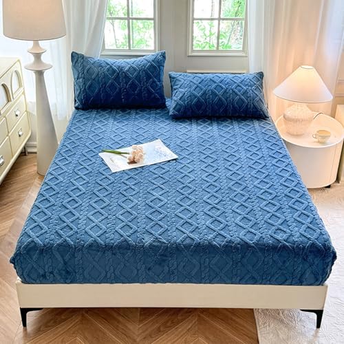 Image of Elastic Bed Sheets,Taffeta Velvet Jacquard Fitted Sheet,Plush Fluffy Comfortable Warm,Anti-Static,360° Mattress Protector,No Pillowcases (Dark Blue, Twin)