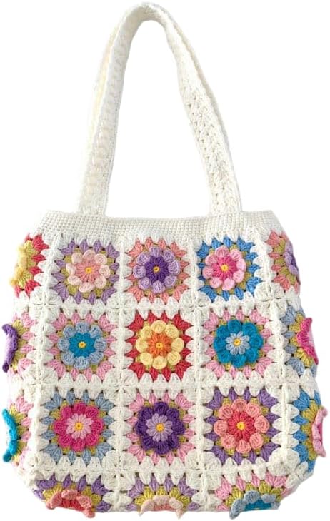 I.F.H Crochet Granny Sqaure Bag, Flower Tote Purse For Girls, Handmade Shoulder Bag,multicolor