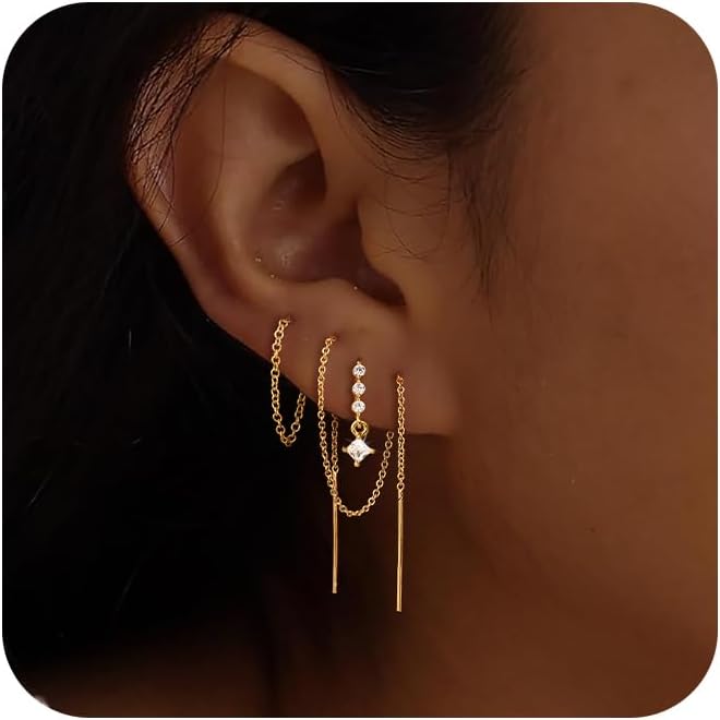 CHESKY Dangle Earrings for Women Trendy, Dainty 14K Gold Plated Chain Earrings for Womens Simple Threader Earrings Non Tarnish Hypoallergenic Long Drop Earrings Jewelry Set for Women Gifts