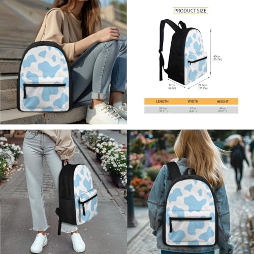 GIFTPUZZ Blue Cow Print Backpack Set for Kids Stylish Book Bag with Lunch Box, Pencil Case, Drawstring Bag & Keychain Suit for School, Travel & Daily Use Daypack Cute3