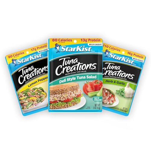 StarKist Tuna Creations Variety Pack, 3-Pack Trial (Tuna Salad, Lemon Pepper, Herb & Garlic), Ready-to-Eat Tuna Pouches, 13g–18g Protein, On-the-Go Snack or Meal