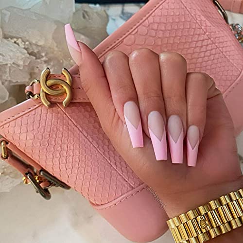 Sethexy Long Matte Coffin False Nails Pink Ballerina Acrylic Art Nail Tips 24Pcs French Nails with Glue Full Cover Press on Fake Nails for Women and Girls
