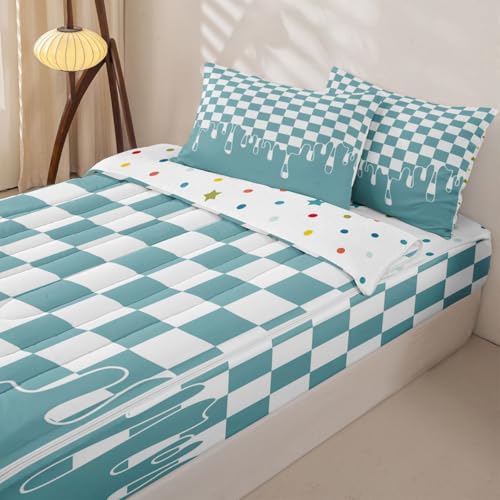 Image of Light Blue Checkered Full Lightweight Zipper Bedding Set,Checkerboard Drip 4 Piece Comforter with Fitted Sheet & Pillowcases,Indie Aesthetic Funky Modern Geometric All Season for Kids Zip Up Blanket