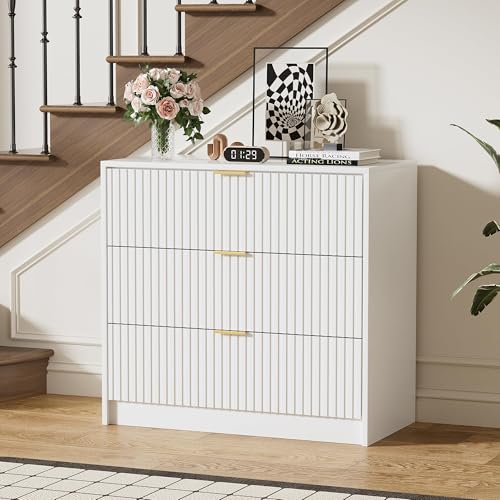 Image of Furniway White Dresser Bedroom Set 3 Pieces, Nightstands Sets of 2, 5 Drawer Dresser with Gold Handles for Bedroom