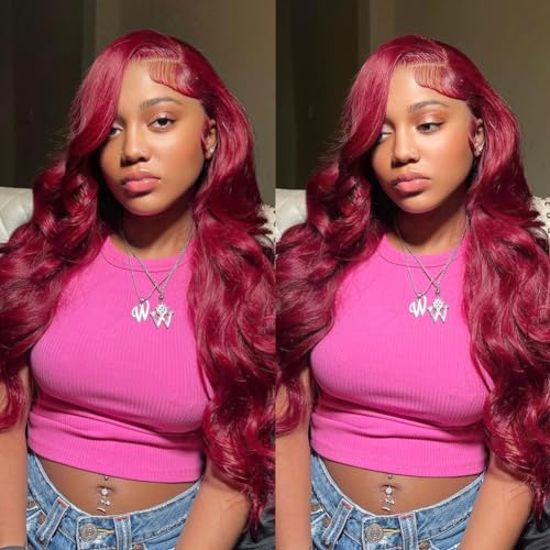 Midulla 99J Burgundy Lace Front Wigs Human Hair 24 Inch 13x4 HD Wine Red Colored Body Wave Wig for Women 200% Density Transparent Glueless Wine Red Wigs Human Hair Pre Plucked with Baby Hair
